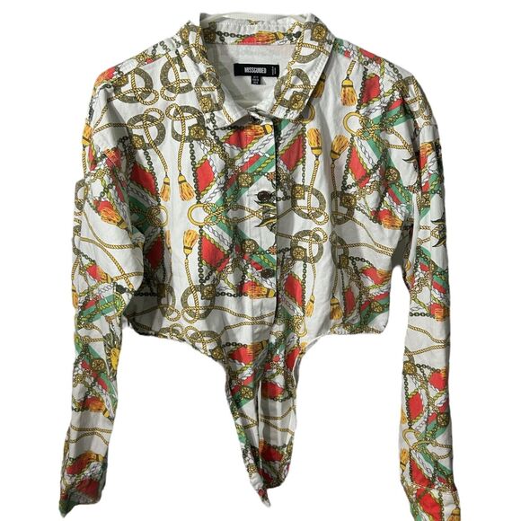 MissGuided womans sz 6 cotton Cropped White Denim Jean Tie Jacket Sun Chain - Picture 2 of 12